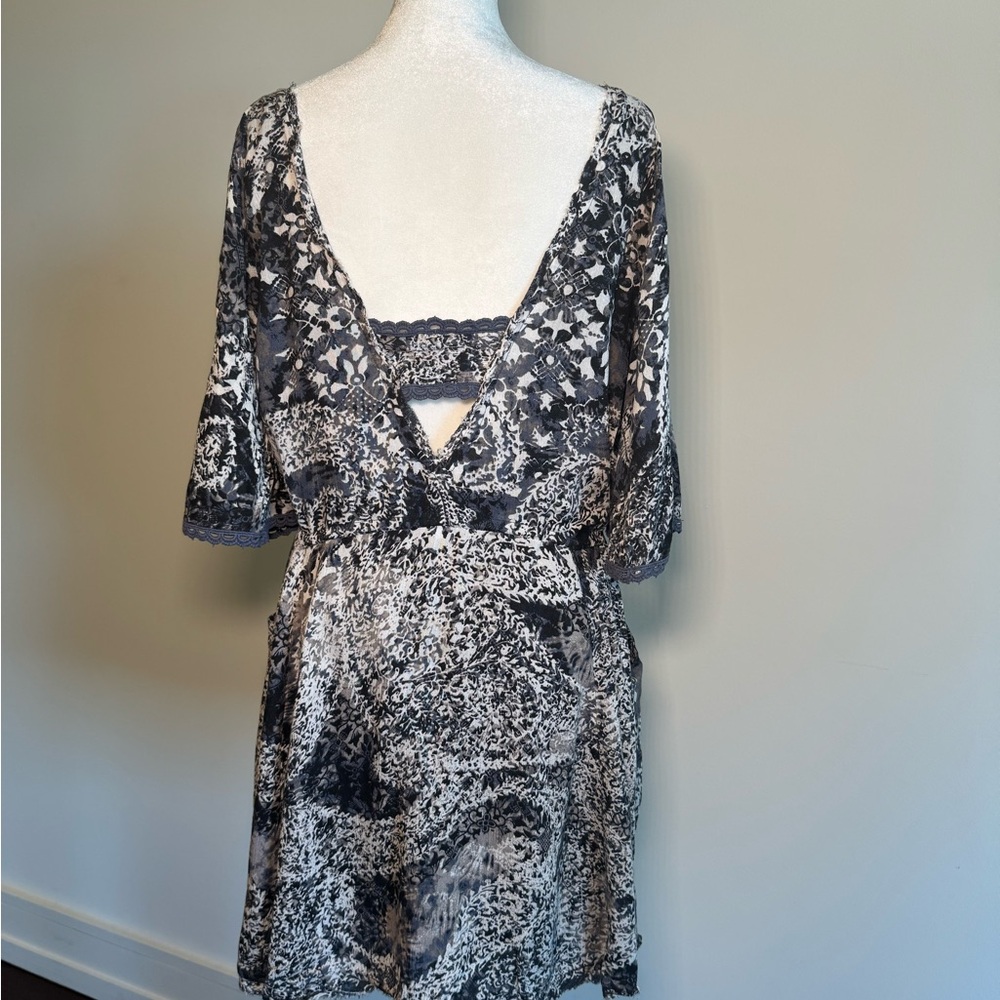 Free People Midnight Blue, White & Gray Patterned Mini Dress w Waist Tie - Small - Picture 3 of 16